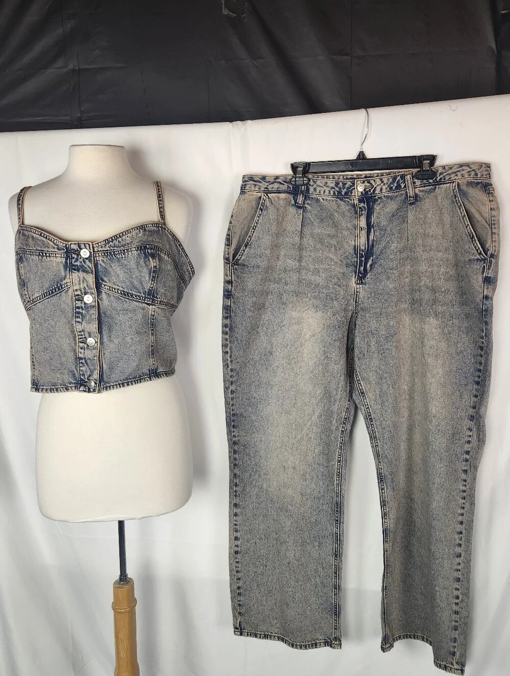 Fashion Nova Cassie Denim Pant Set NWT 2X Vintage Wash Wide Leg Y2K Baddie